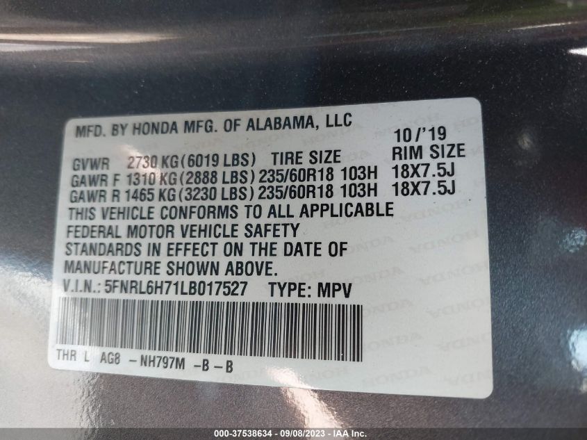 5FNRL6H71LB017527 Honda Odyssey EX-L 9