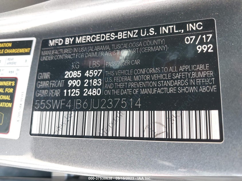 VIN 55SWF4JB6JU237514 2018 MERCEDES-BENZ C-CLASS C 300