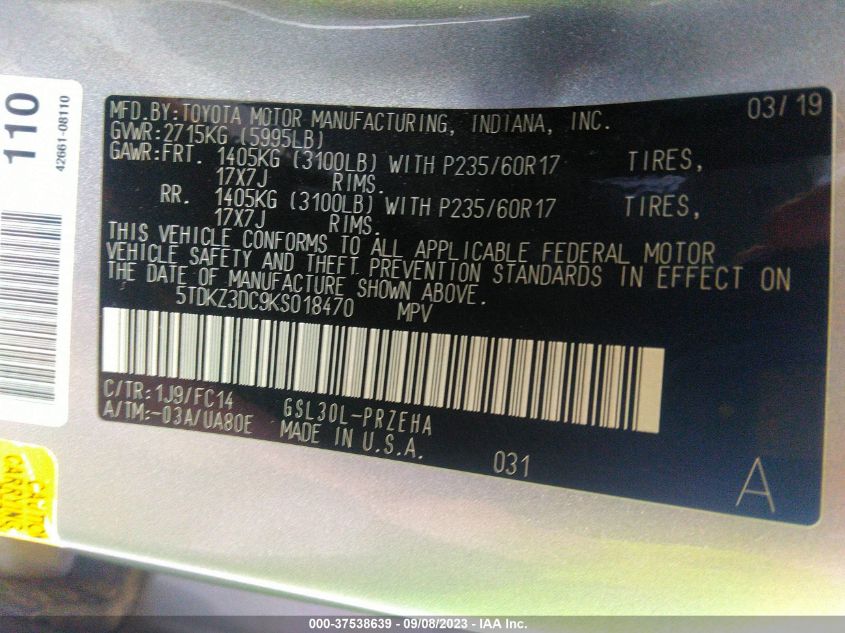 2019 TOYOTA SIENNA LE - 5TDKZ3DC9KS018470
