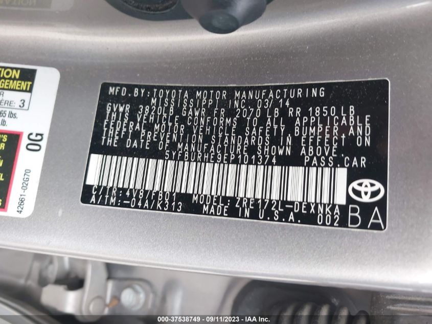 2014 TOYOTA COROLLA L/LE/S/S PLUS/LE PLUS - 5YFBURHE9EP101374