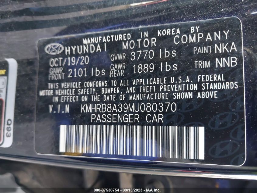 VIN KMHRB8A39MU080370 2021 HYUNDAI VENUE SE