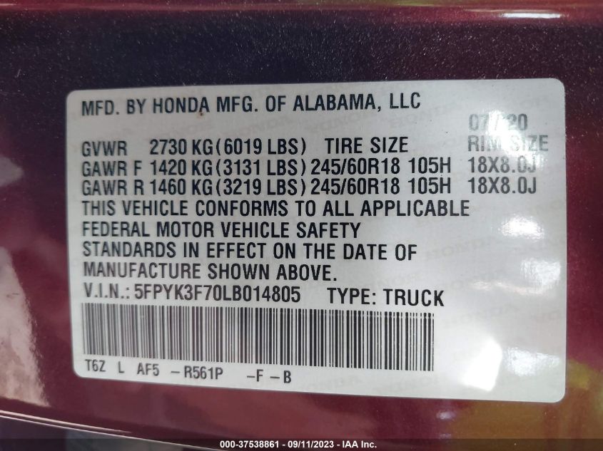 2020 HONDA RIDGELINE RTL-E - 5FPYK3F70LB014805