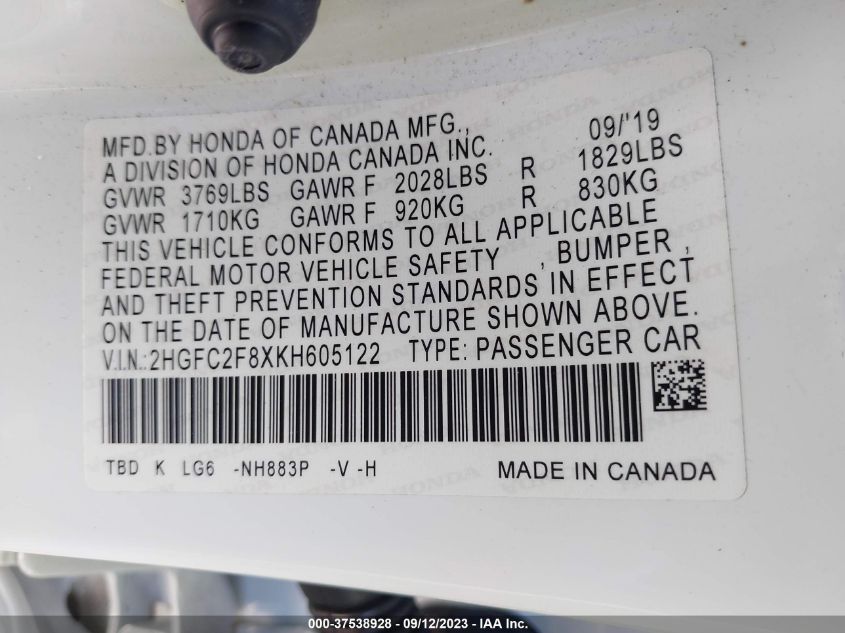 2019 HONDA CIVIC SPORT - 2HGFC2F8XKH605122