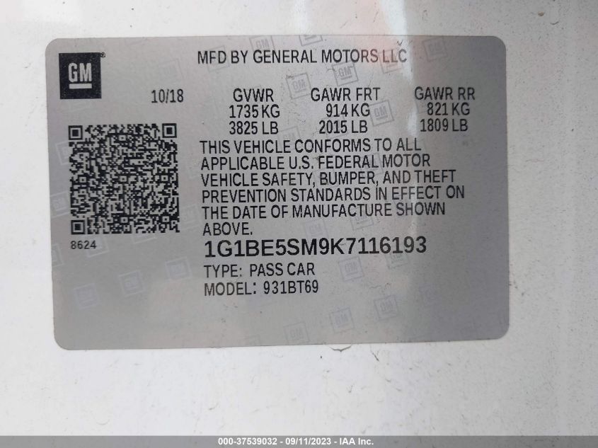 2019 CHEVROLET CRUZE LT - 1G1BE5SM9K7116193