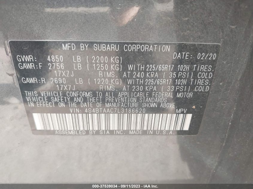 2020 SUBARU OUTBACK - 4S4BTAAC7L3186620