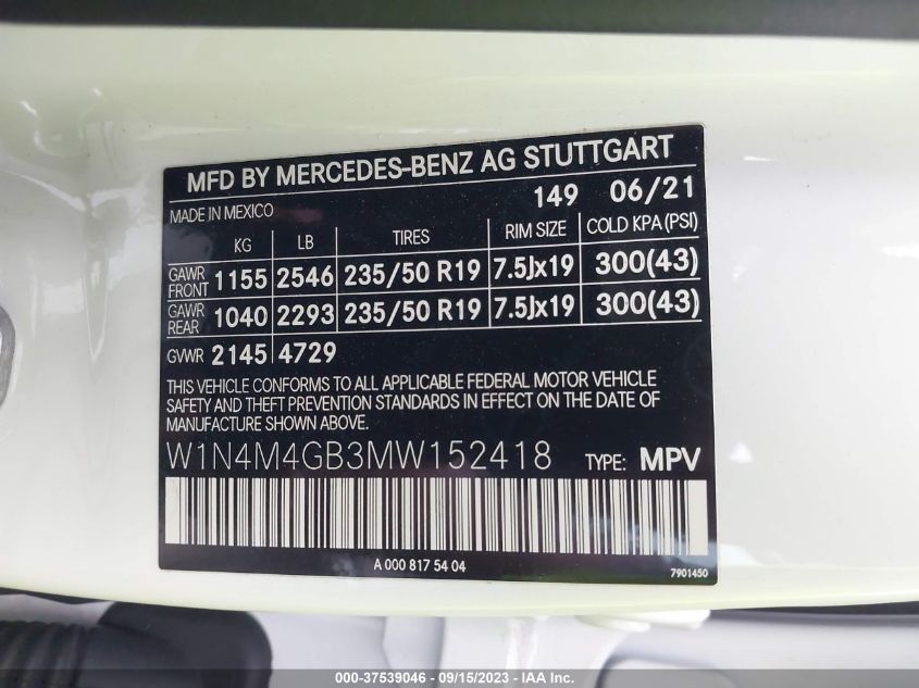 2021 MERCEDES-BENZ GLB GLB 250 W1N4M4GB3MW152418