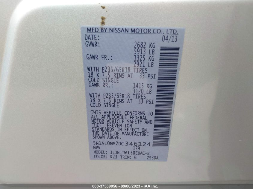 2013 INFINITI JX 5N1AL0MM2DC346124