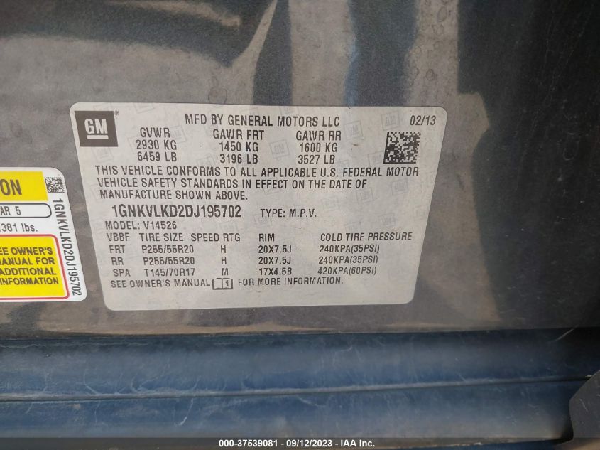 2013 CHEVROLET TRAVERSE LTZ - 1GNKVLKD2DJ195702