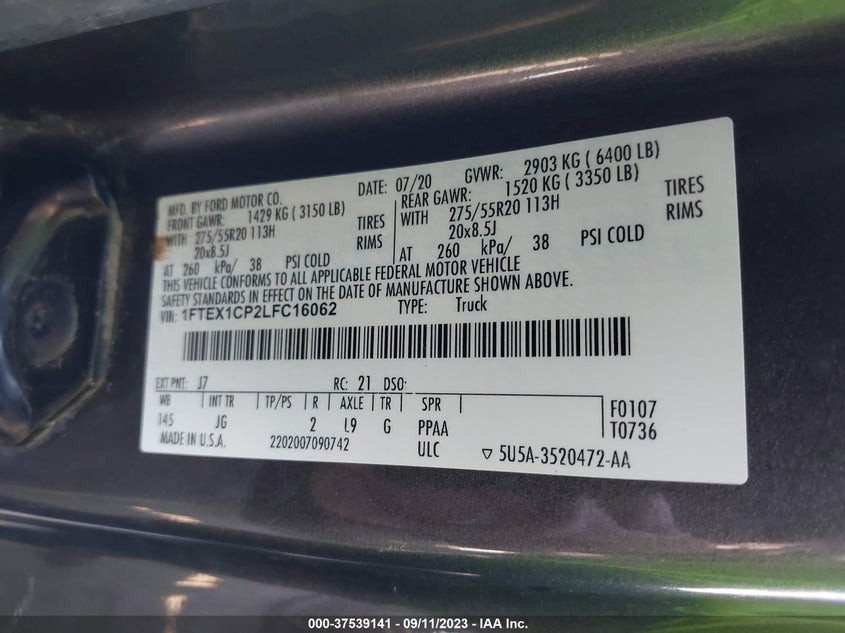 VIN 1FTEX1CP2LFC16062 2020 FORD F-150 XL/XLT/LARIAT