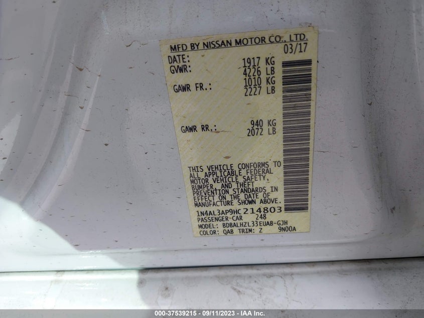 VIN 1N4AL3AP9HC214803 2017 NISSAN ALTIMA 2.5 SR
