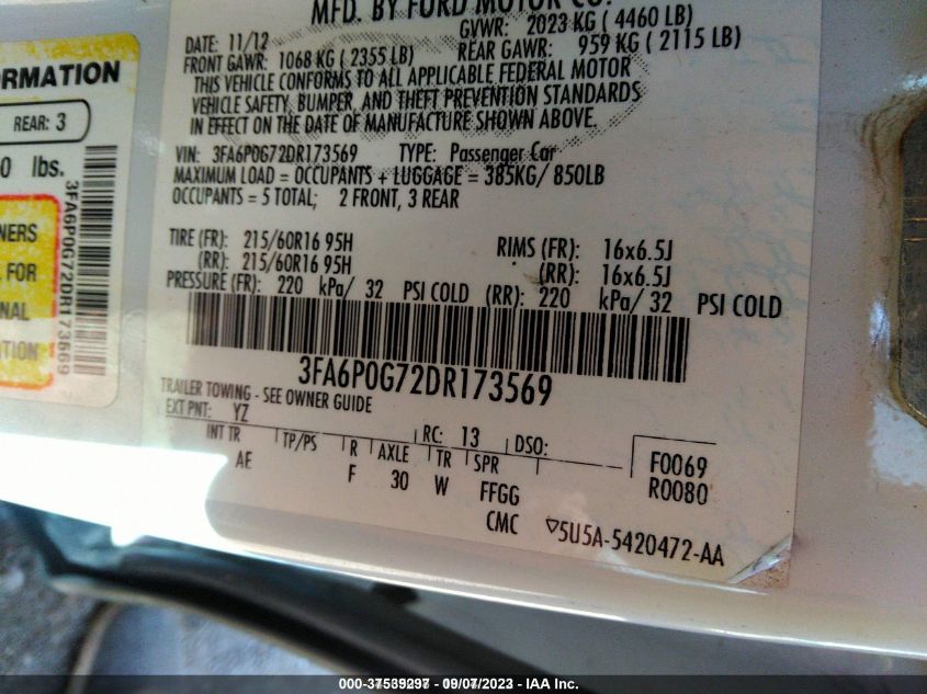2013 FORD FUSION S - 3FA6P0G72DR173569