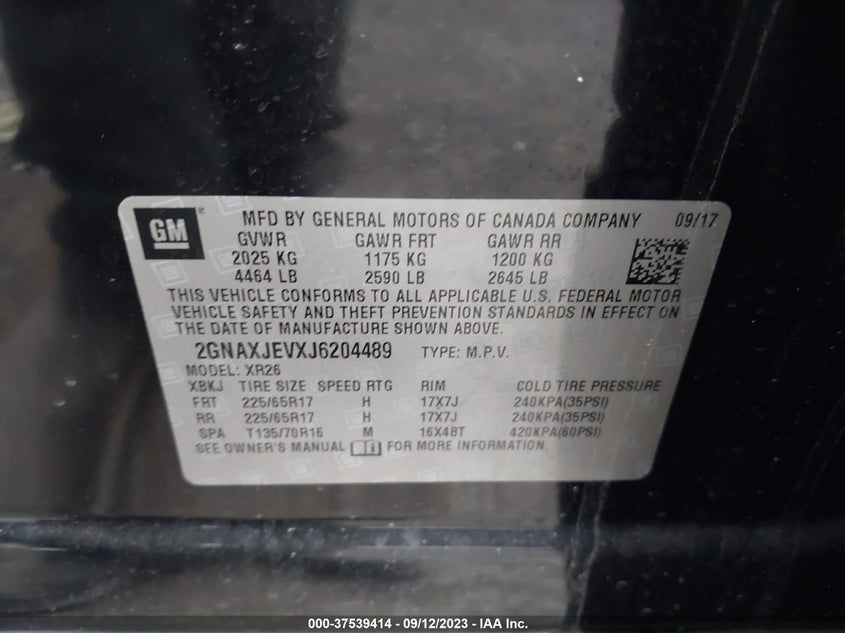 VIN 2GNAXJEVXJ6204489 2018 CHEVROLET EQUINOX LT