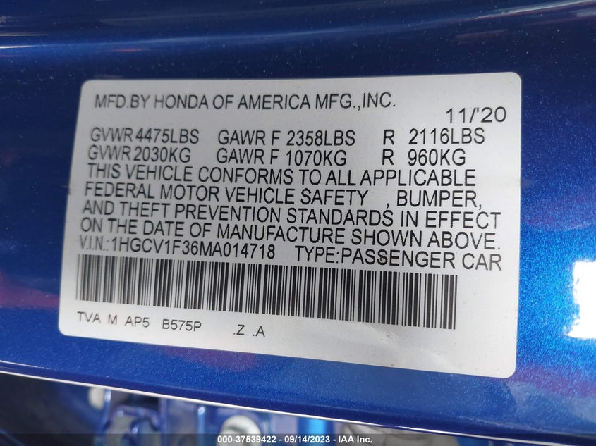 VIN 1HGCV1F36MA014718 2021 HONDA ACCORD SEDAN SPORT