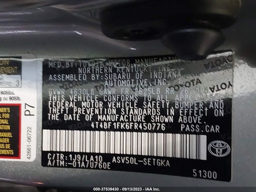 2015 TOYOTA CAMRY XLE/SE/LE/XSE - 4T4BF1FK6FR450776