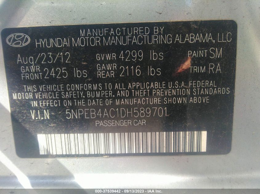 2013 HYUNDAI SONATA GLS PZEV - 5NPEB4AC1DH589701