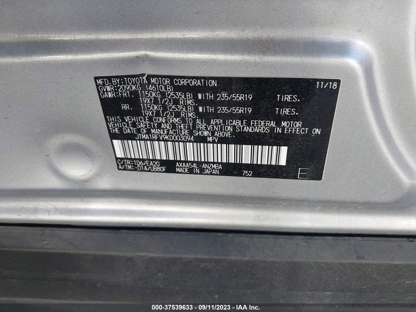VIN JTMA1RFV9KD003094 2019 TOYOTA RAV4 XLE PREMIUM