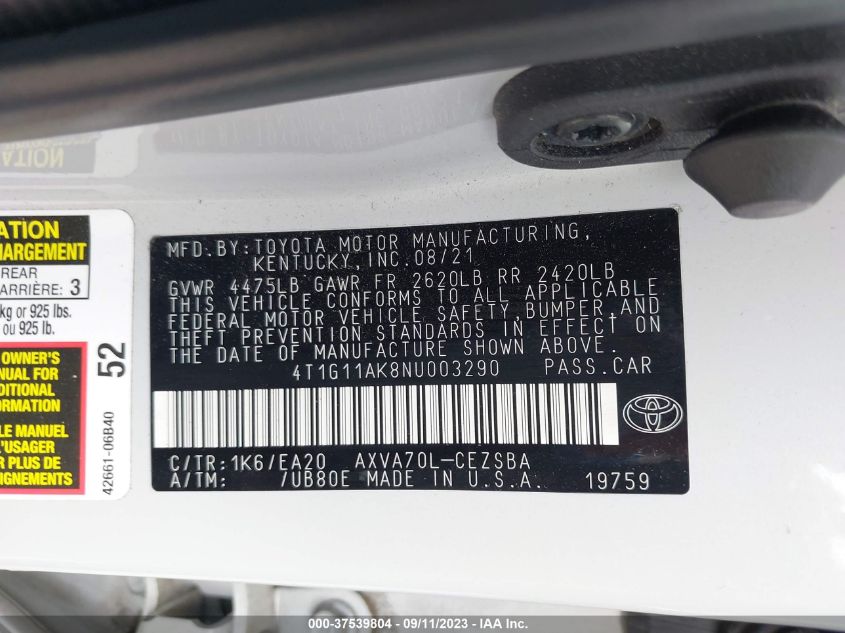 2022 TOYOTA CAMRY SE - 4T1G11AK8NU003290