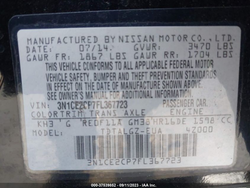 2015 NISSAN VERSA NOTE S/S PLUS/SV/SL/SR - 3N1CE2CP7FL367723