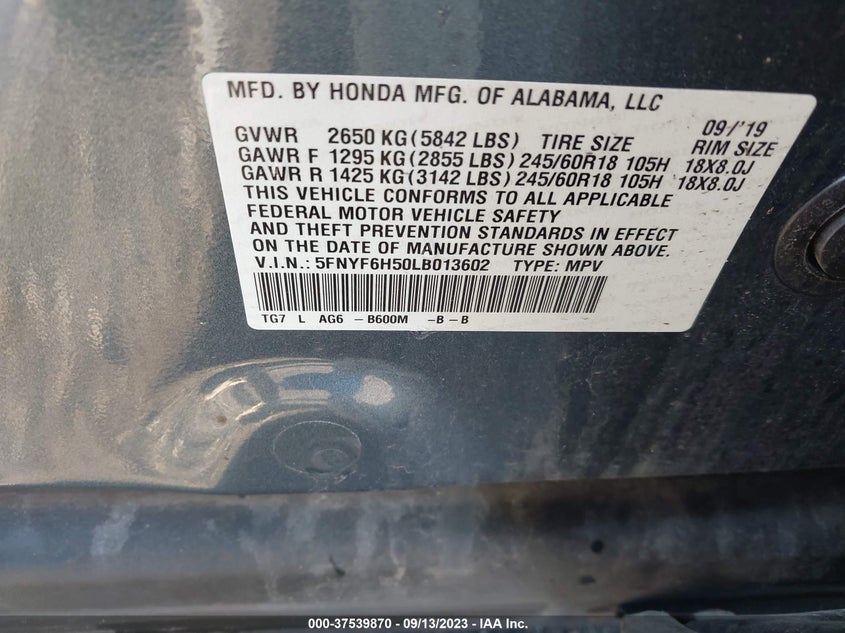 VIN 5FNYF6H50LB013602 2020 HONDA PILOT EX-L