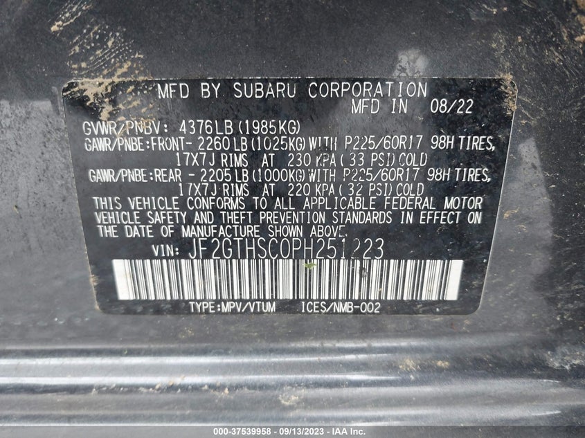 VIN JF2GTHSC0PH251223 2023 SUBARU CROSSTREK SPORT