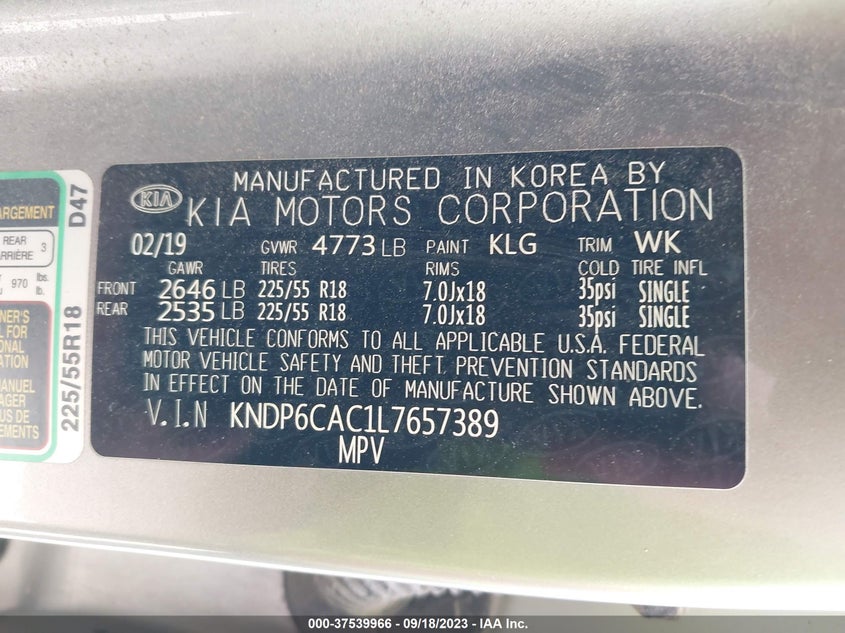 VIN KNDP6CAC1L7657389 2020 KIA SPORTAGE S