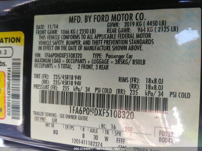 2015 FORD FUSION SE - 1FA6P0HDXF5108320