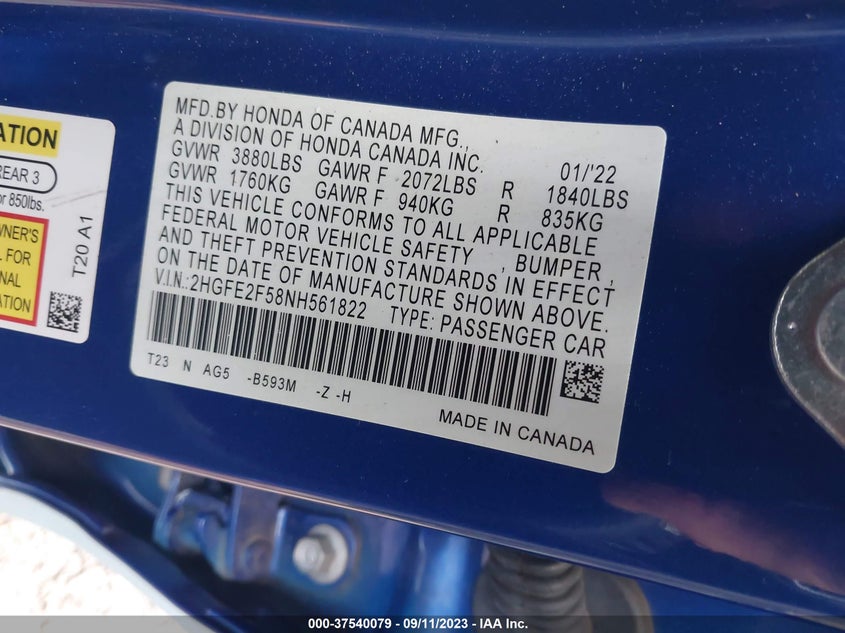 VIN 2HGFE2F58NH561822 2022 HONDA CIVIC SEDAN SPORT