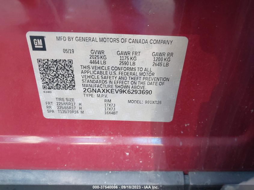 2019 CHEVROLET EQUINOX LT - 2GNAXKEV9K6293690