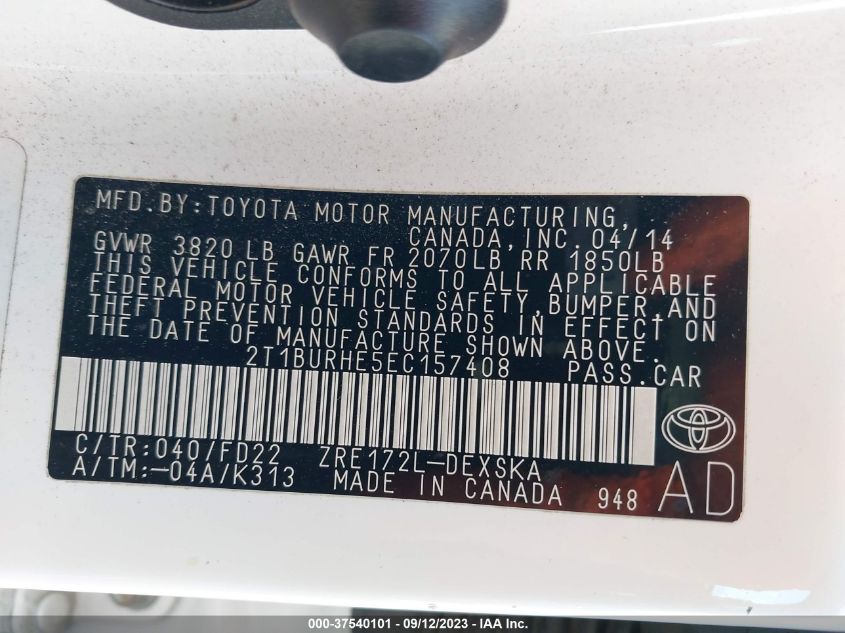 2014 TOYOTA COROLLA L/LE/S/S PLUS/LE PLUS - 2T1BURHE5EC157408