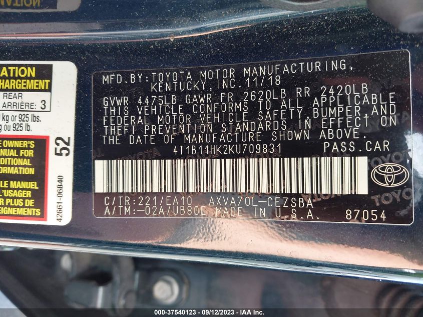 2019 TOYOTA CAMRY LE/SE/XLE/L - 4T1B11HK2KU709831