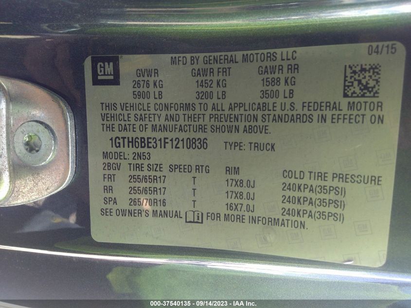 2015 GMC CANYON 4WD SLE - 1GTH6BE31F1210836