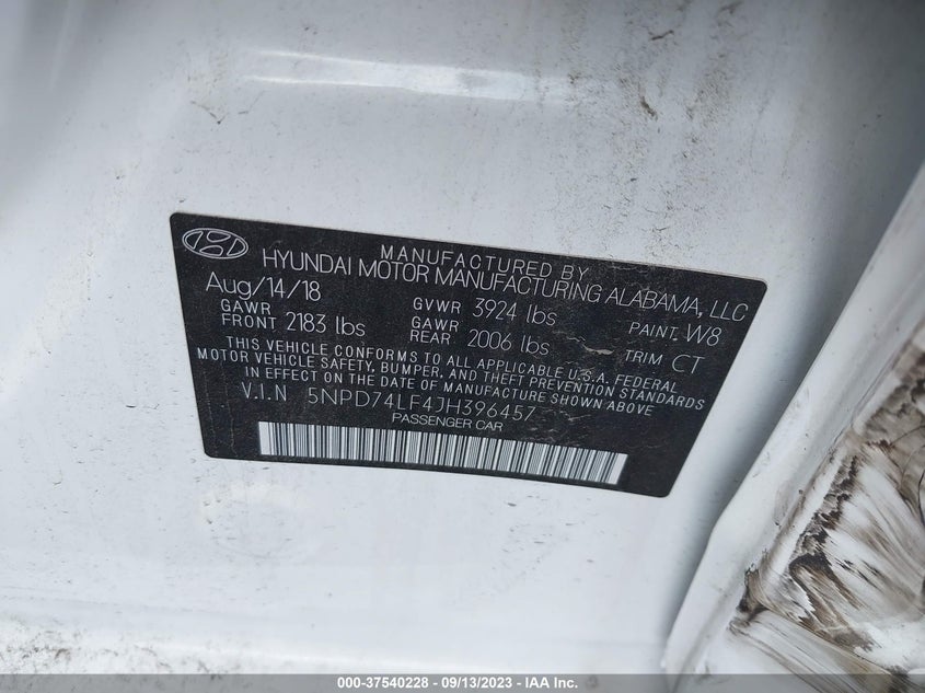 VIN 5NPD74LF4JH396457 2018 HYUNDAI ELANTRA SE