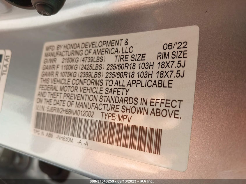 VIN 5J6RW2H88NA012002 2022 HONDA CR-V EX-L