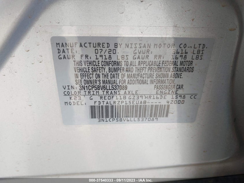 VIN 3N1CP5BV6LL537089 2020 NISSAN KICKS S