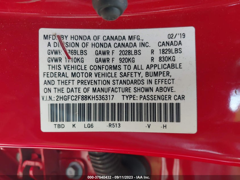 VIN 2HGFC2F88KH536317 2019 HONDA CIVIC SEDAN SPORT