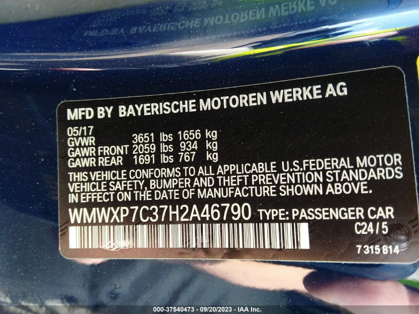 2017 MINI HARDTOP COOPER S WMWXP7C37H2A46790
