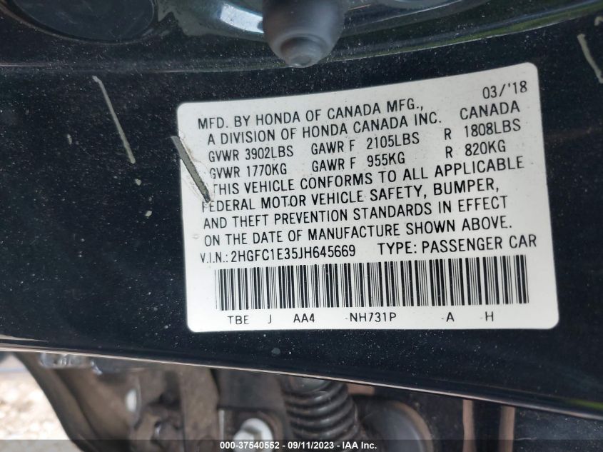 2018 HONDA CIVIC SEDAN EX-T - 2HGFC1E35JH645669