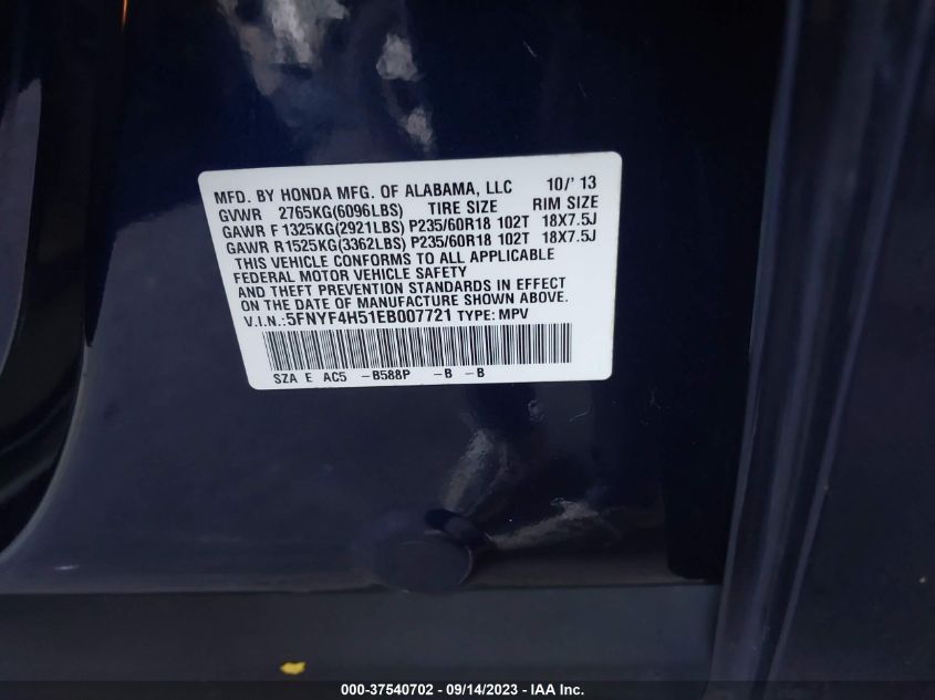 2014 HONDA PILOT EX-L - 5FNYF4H51EB007721