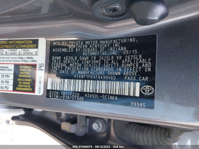 2015 TOYOTA CAMRY XLE - 4T4BF1FK4FR499460
