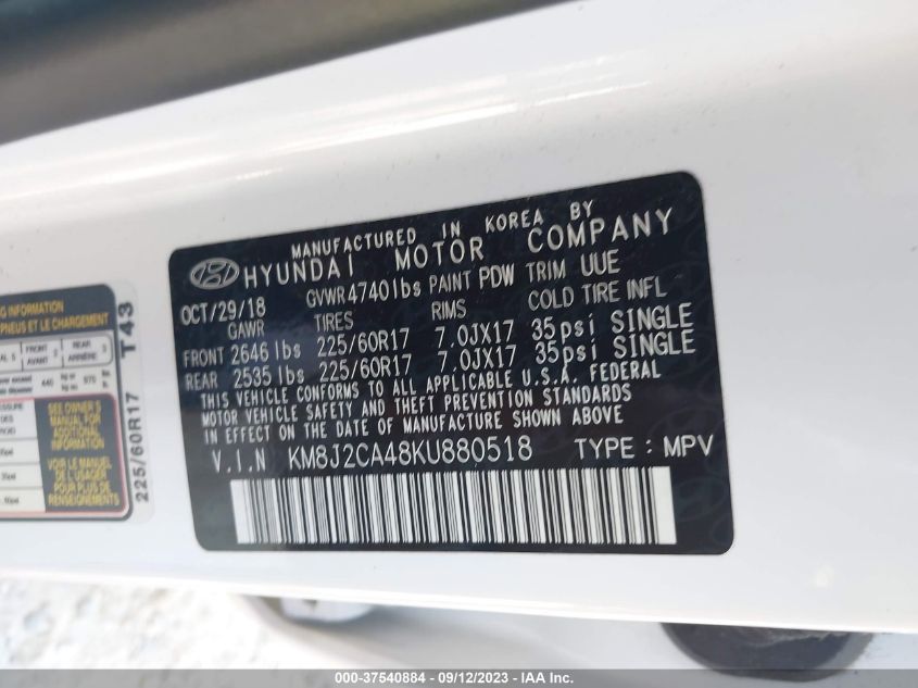 2019 HYUNDAI TUCSON SE - KM8J2CA48KU880518