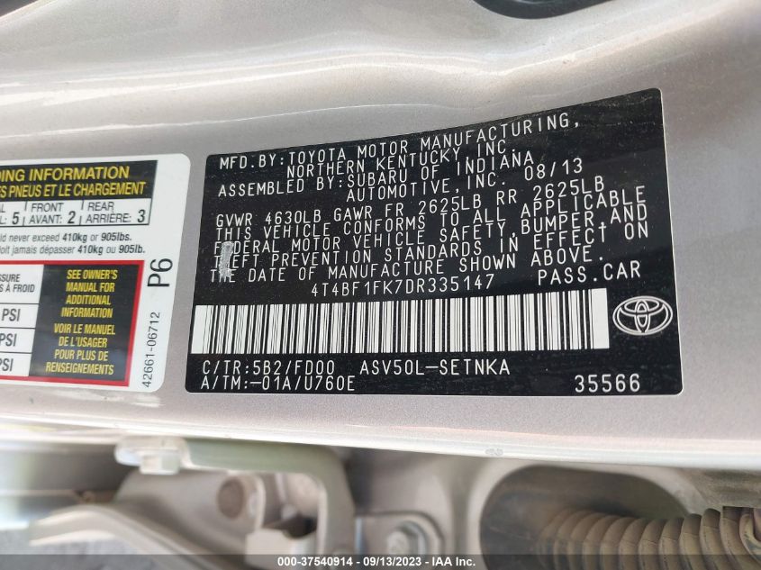 2013 TOYOTA CAMRY L/LE/SE/XLE 4T4BF1FK7DR335147