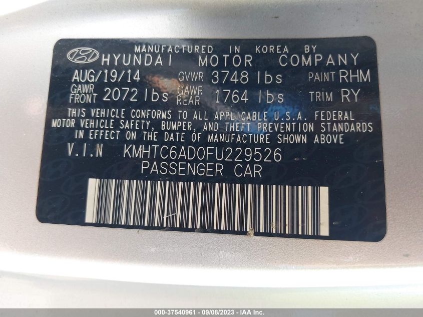 2015 HYUNDAI VELOSTER - KMHTC6AD0FU229526