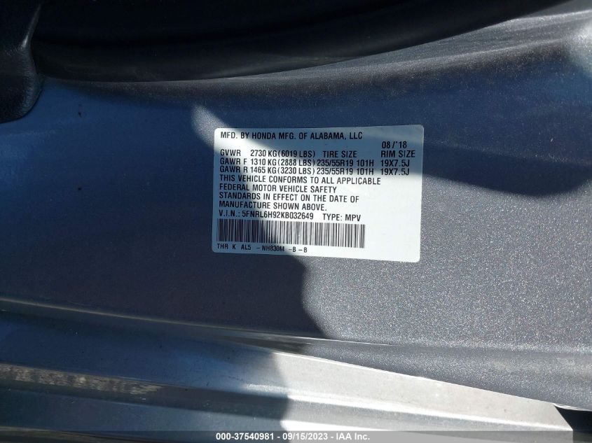 2019 HONDA ODYSSEY ELITE - 5FNRL6H92KB032649