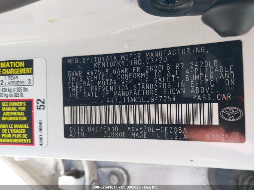 2020 TOYOTA CAMRY SE - 4T1G11AK5LU947254