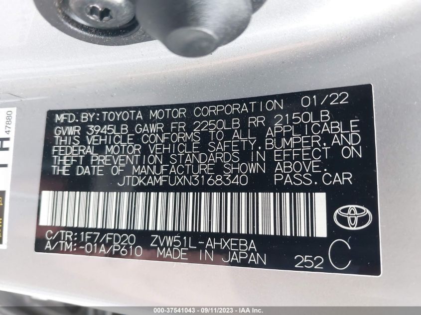 2022 TOYOTA PRIUS L - JTDKAMFUXN3168340