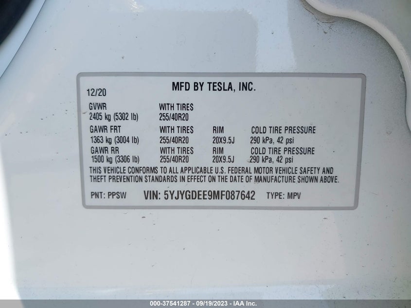 VIN 5YJYGDEE9MF087642 2021 TESLA MODEL Y