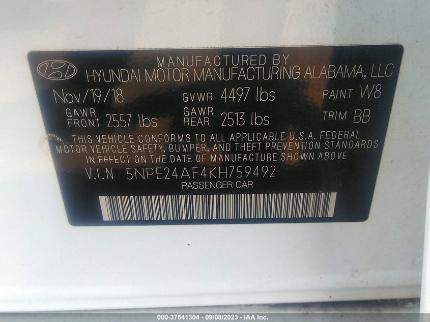 VIN 5NPE24AF4KH759492 2019 HYUNDAI SONATA SE