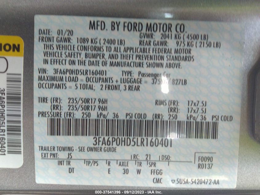 3FA6P0HD5LR160401 2020 FORD FUSION, photo no. 9