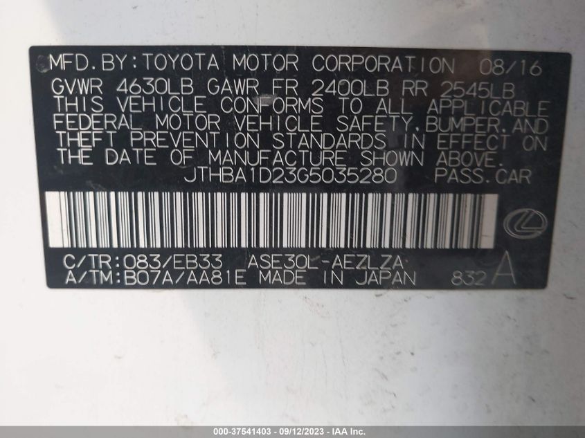 2016 LEXUS IS 200T - JTHBA1D23G5035280
