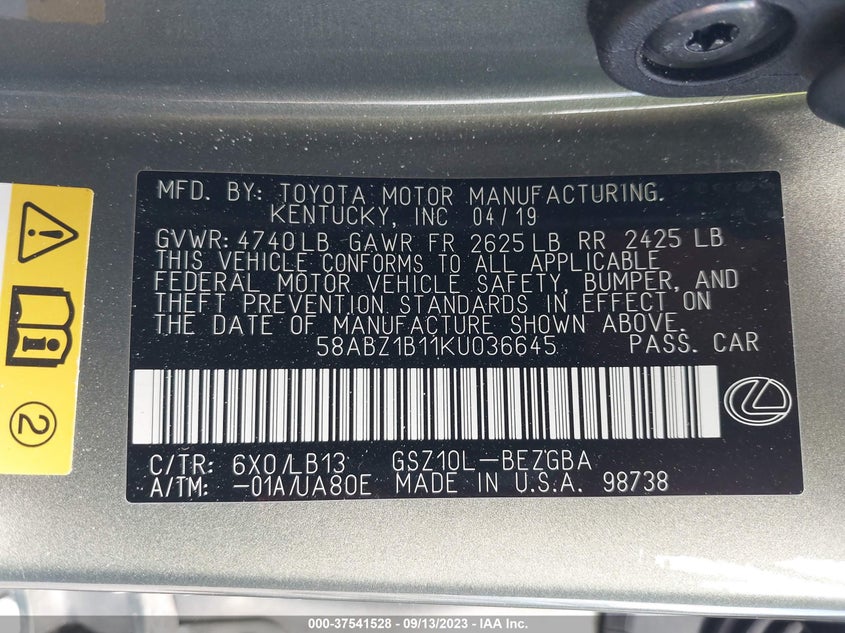 VIN 58ABZ1B11KU036645 2019 LEXUS ES ES 350